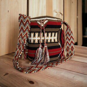 Wayuu Mochila Colombian Bag Large boho drawstring tassel colorful celeb fav (E)